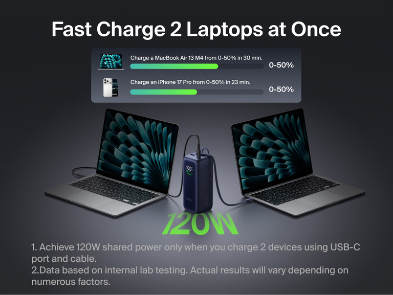 UltraCharge Power Bank 22K with Retractable Cable shown with its casing open to reveal the internal battery cells, illustrating 22,000mAh capacity for multiple laptop and phone charges