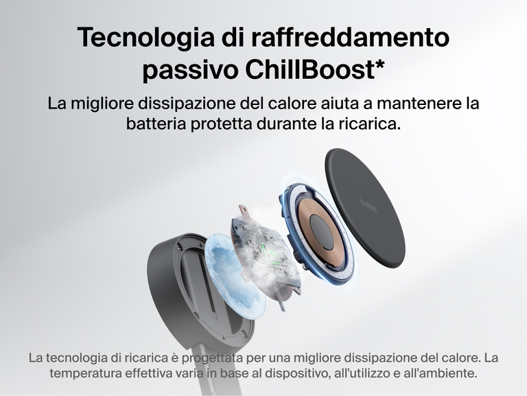 Immagine del caricabatteria magnetico convertibile 2 in 1 con Qi2 25W Belkin UltraCharge Pro con tecnologia di raffreddamento passivo ChillBoost, per una migliore dissipazione del calore e protezione della batteria del dispositivo durante la ricarica wireless rapida.