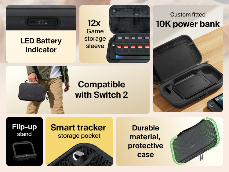 Feature overview of the Belkin Gaming Charging Case Pro for Nintendo Switch 2 highlighting built-in 10K power bank, LED battery indicator, flip-up stand, game card storage, smart tracker pocket, and durable protective design.