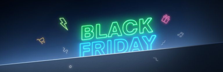 Belkin Black Friday promo banner featuring a neon Black Friday sign surrounded by small holiday-themed icons.