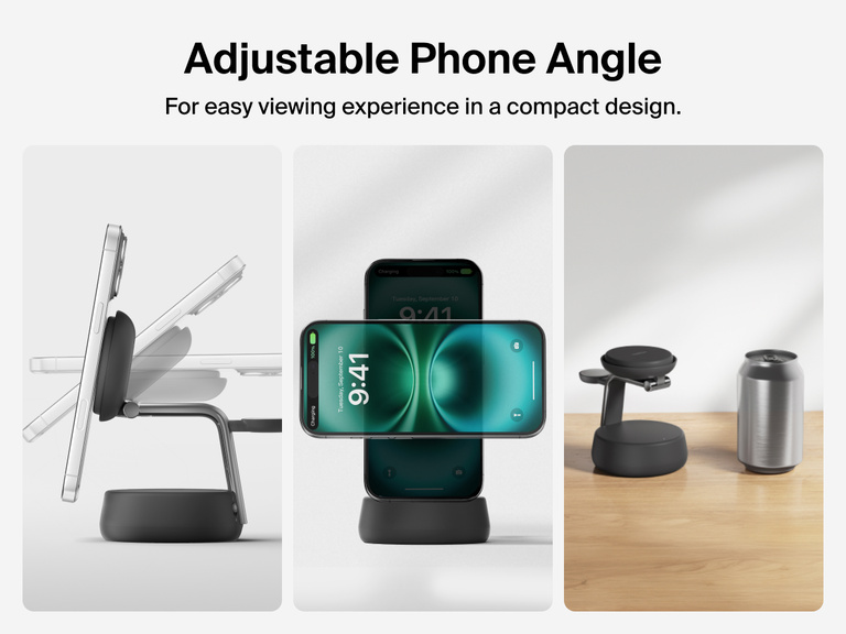 Belkin UltraCharge Pro 3-in-1 Magnetic Charging Dock with Qi2 25W features an adjustable phone angle and compact footprint for optimized viewing and space-saving convenience.