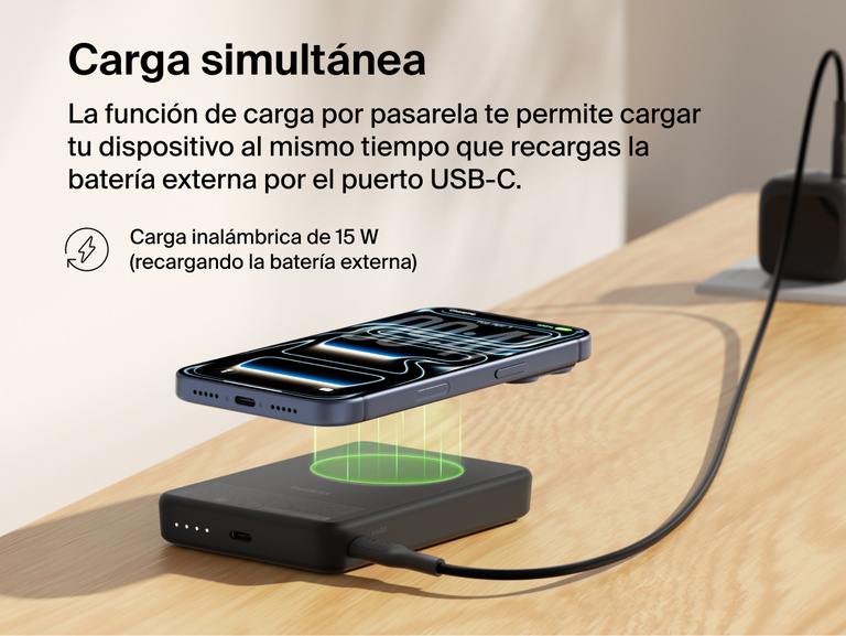 Slim Magnetic Power Bank 10K with Qi2 wirelessly charging smartphone while recharging via USB-C pass-through connection