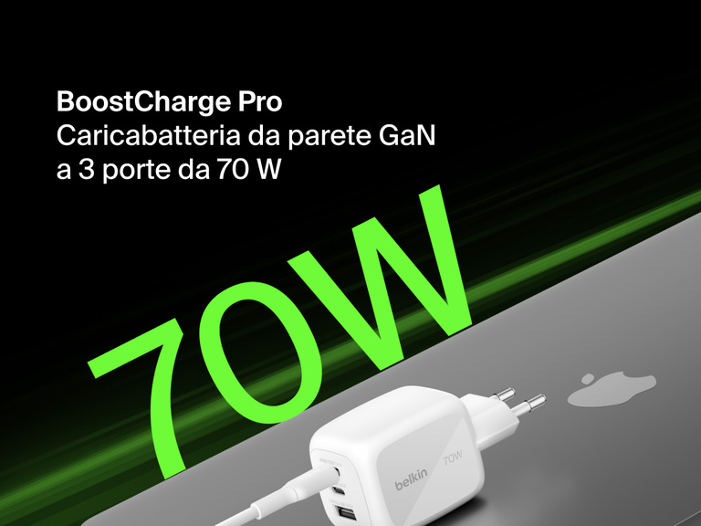 BoostCharge Pro 3-Port GaN Wall Charger 70W displayed on a MacBook with bold green “70W” text, highlighting its fast charging power and compact design.