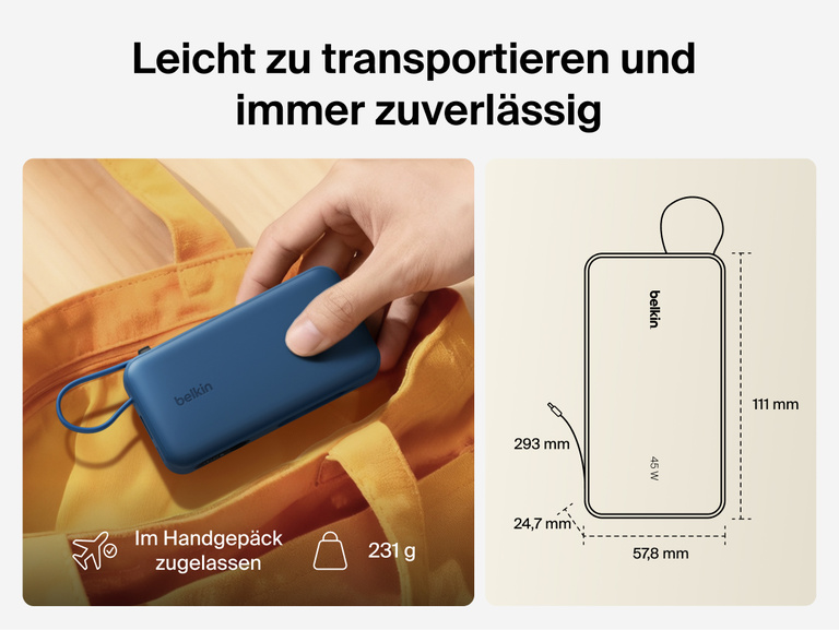 Belkin UltraCharge 10K power bank with integrated USB-C cable and digital display shown as a lightweight, TSA carry-on approved portable charger for everyday travel