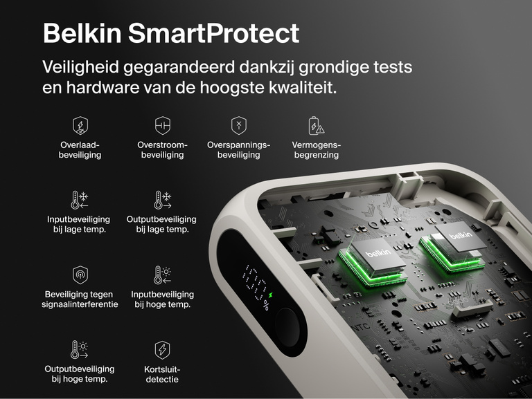Belkin UltraCharge 20K 45W power bank with integrated cable featuring SmartProtect safety system with multi-layer protection for secure and reliable charging