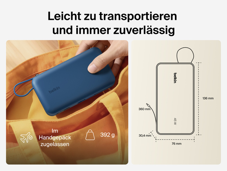 Belkin UltraCharge 20K 45W power bank with integrated cable designed for portable, TSA-approved travel with compact size and reliable on-the-go charging