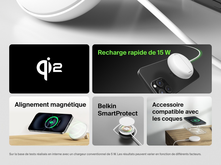 Image mettant en avant les fonctionnalités de la station de recharge sans fil blanche Belkin BoostCharge Pro avec Qi2 (15 W) comme la recharge rapide de 15 W, l’alignement magnétique, la technologie Belkin SmartProtect et la compatibilité avec les coques de protection.