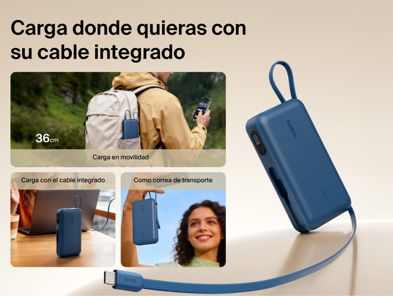 Belkin UltraCharge 20K 45W power bank with integrated USB-C cable for on-the-go charging, easy recharging, and convenient carry strap functionality