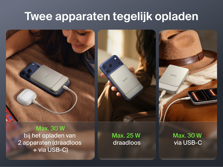 Belkin UltraCharge Slim Magnetic Power Bank 10K shown powering devices across everyday carry, work, travel, and business use scenarios with magnetic wireless charging and portable design