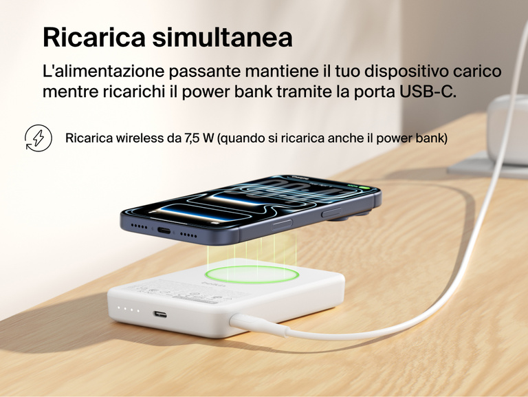 Belkin BoostCharge Slim Magnetic Power Bank 10K demonstrating pass-through charging with a smartphone wirelessly charging at 7.5W while the power bank recharges via USB-C