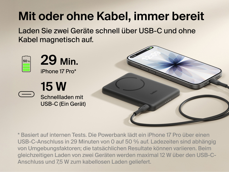 Belkin BoostCharge Slim Magnetic Power Bank 5K with Qi2 shown delivering wired USB-C fast charging and wireless charging for reliable, on-the-go power in a compact portable design.
