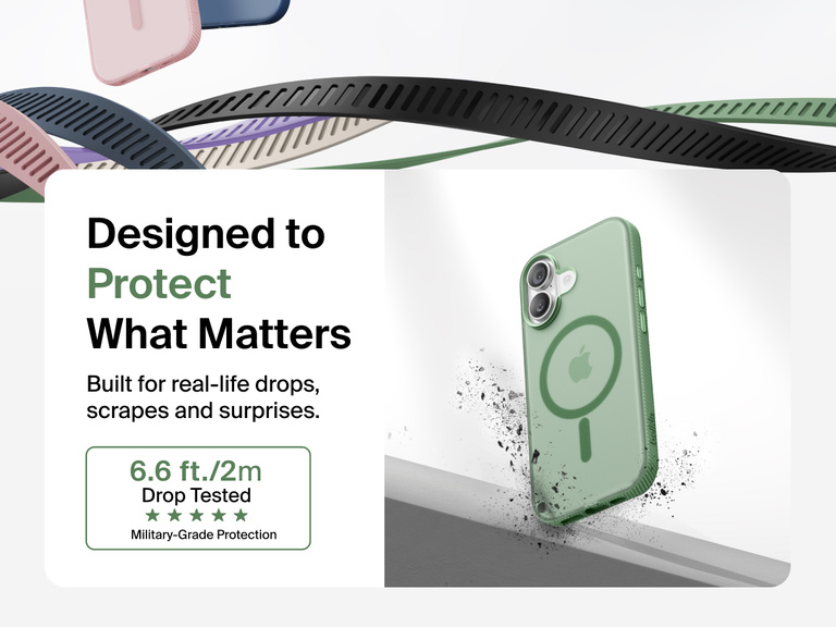 Belkin SheerForce Grip Series Case for iPhone 17 shown with textured grip and impact protection against drops.