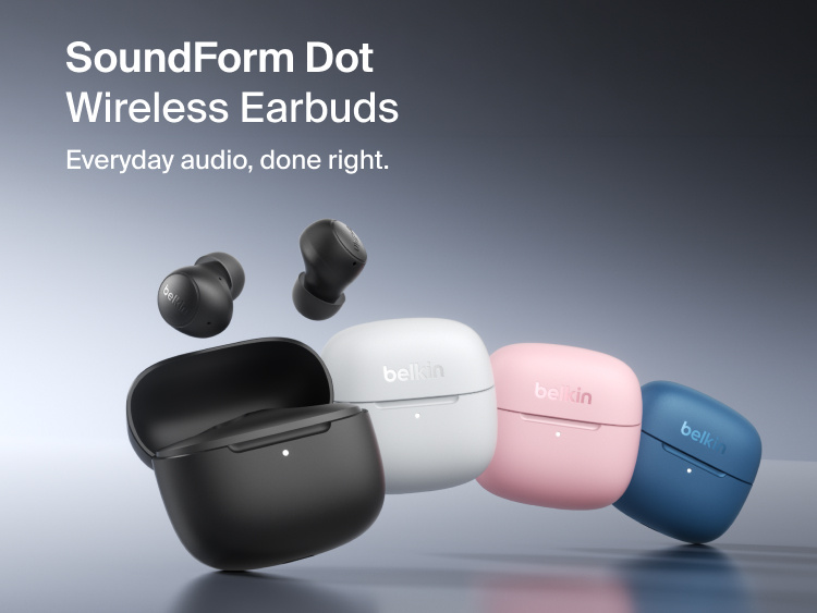 SoundForm Dot Wireless Earbuds shown with their charging cases open beside a pair of earbuds
