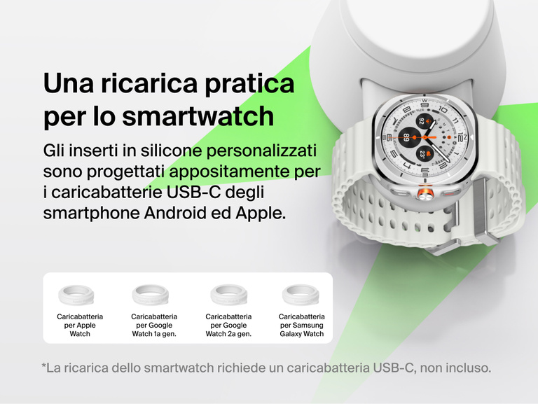 Immagine del dock di ricarica modulare con Qi2 25W Belkin UltraCharge che mostra la ricarica pratica per smartwatch con inserti intercambiabili compatibili con i caricatori USB-C per Apple Watch, Google Watch e Samsung Galaxy Watch.