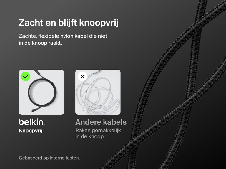 Belkin BoostCharge Pro USB-C to USB-C Braided Cable 240W shown with soft, flexible nylon design that resists tangling compared to standard cables.