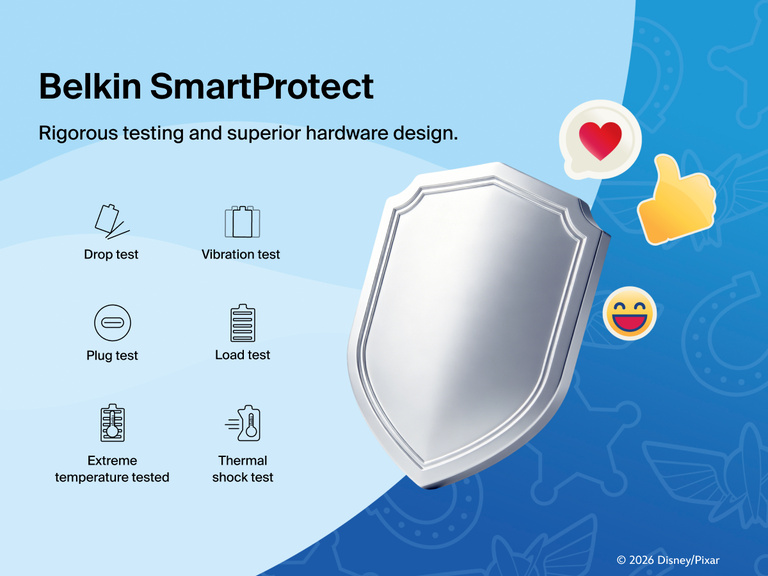 Belkin BoostCharge Power Bank 10K with Integrated Cable features SmartProtect safety testing for reliable protection against everyday charging conditions.