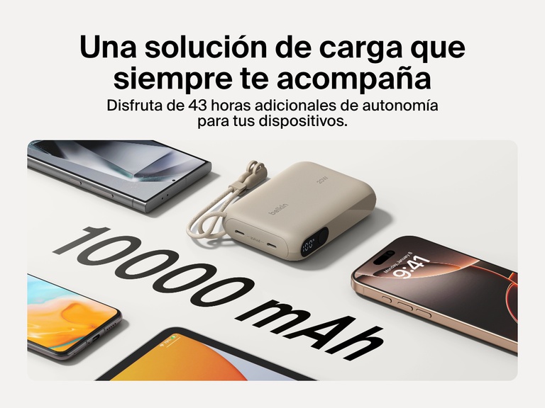 Se exhibe la batería externa 10K con pantalla BoostCharge de Belkin rodeada de múltiples dispositivos, resaltando sus 10 000 mAh de capacidad y su capacidad para proporcionar hasta 43 horas adicionales de autonomía sobre la marcha en cualquier parte.