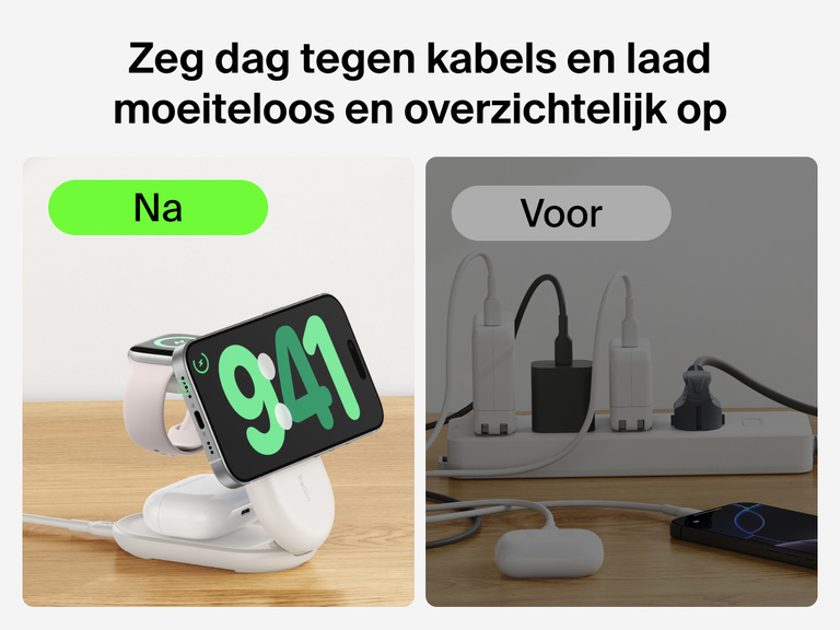 De Belkin UltraCharge 3-in-1 uitklapbare magnetische lader met Qi2 25W laadt meerdere apparaten draadloos op zonder wirwar van kabels, zoals ernaast te zien is.