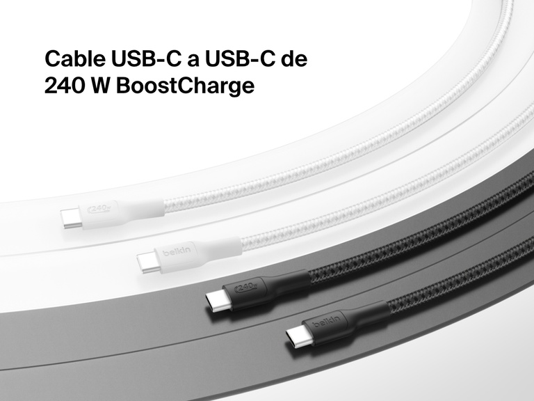 Flat lay of two black and two white Belkin BoostCharge Pro USB-C to USB-C Braided Cables 240W coiled on a gradient background with product name displayed in black text.