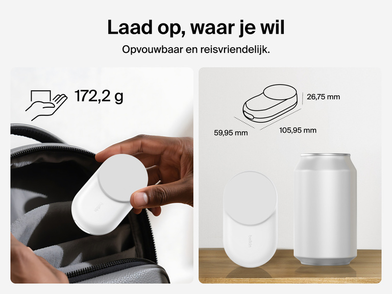 De Belkin UltraCharge 3-in-1 uitklapbare magnetische lader met Qi2 25W heeft een compact, reisvriendelijk ontwerp, weegt 190 gram en is gemakkelijk mee te nemen.