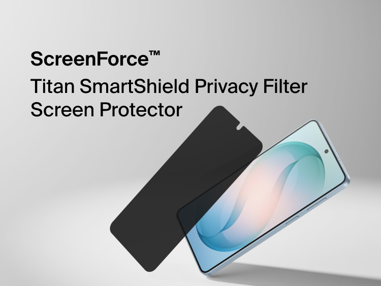 Belkin ScreenForce Titan SmartShield Privacy Filter Screen Protector for Samsung Galaxy S26 shown partially applied to a smartphone, demonstrating edge-to-edge screen coverage and privacy protection that limits side viewing angles.