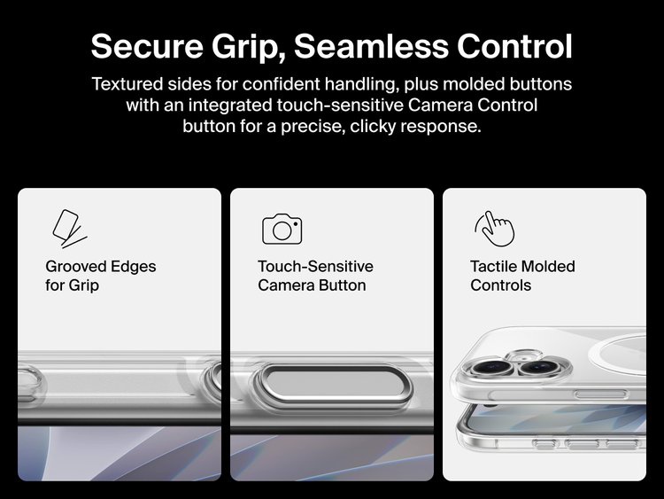 Belkin SheerForce Clear Series Case for iPhone 17 with grooved edges, tactile molded controls, and touch-sensitive camera button for secure grip and seamless control.