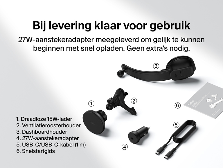 Belkin BoostCharge Magnetic Wireless Charging Car Vent and Dash Mount shown with all included components: 15W charger, vent mount, dash mount, 27W car adapter, USB-C cable, and quick start guide.