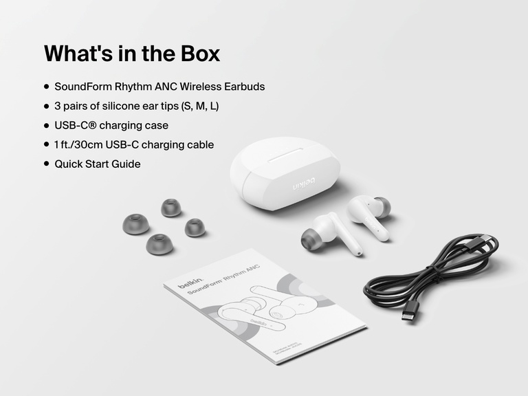 Image displaying what's included with the Belkin SoundForm Rhythm ANC Wireless Earbuds: earbuds, three sizes of silicone ear tips, USB-C charging case, 1ft/30cm USB-C charging cable, and Quick Start Guide.