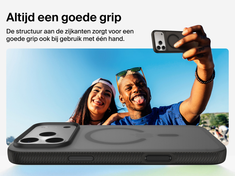 Belkin SheerForce Grip Series Case for iPhone 17 with military-grade drop protection and textured non-slip grip.