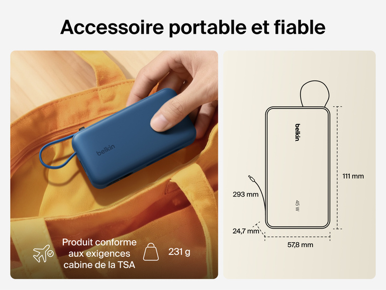 Belkin UltraCharge 10K power bank with integrated USB-C cable and digital display shown as a lightweight, TSA carry-on approved portable charger for everyday travel