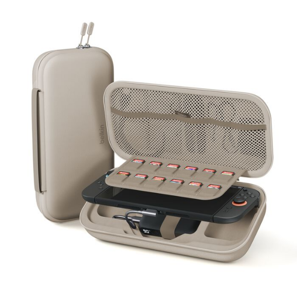 Open beige Belkin carrying case for Nintendo Switch with console inside, showing organized slots for multiple game cartridges and mesh storage pocket.