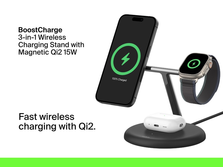 Image of a black Belkin BoostCharge Pro 3-in-1 Magnetic Wireless Charging Stand with Qi2 15W, shown charging an iPhone, Apple Watch, and AirPods simultaneously with fast wireless charging.