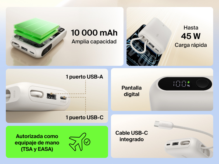 Belkin UltraCharge 10K power bank with 45W fast charging, integrated USB-C cable, digital display, USB-A and USB-C ports, and TSA carry-on approved design.