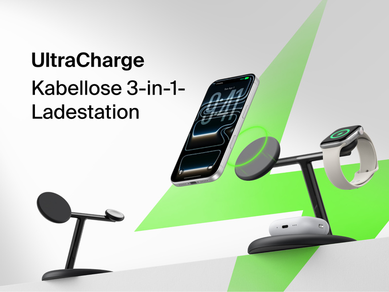 Belkin UltraCharge 3-in-1 Wireless Charging Stand with Qi2 25W front view showing dedicated magnetic phone pad, watch charger, and earbuds base
