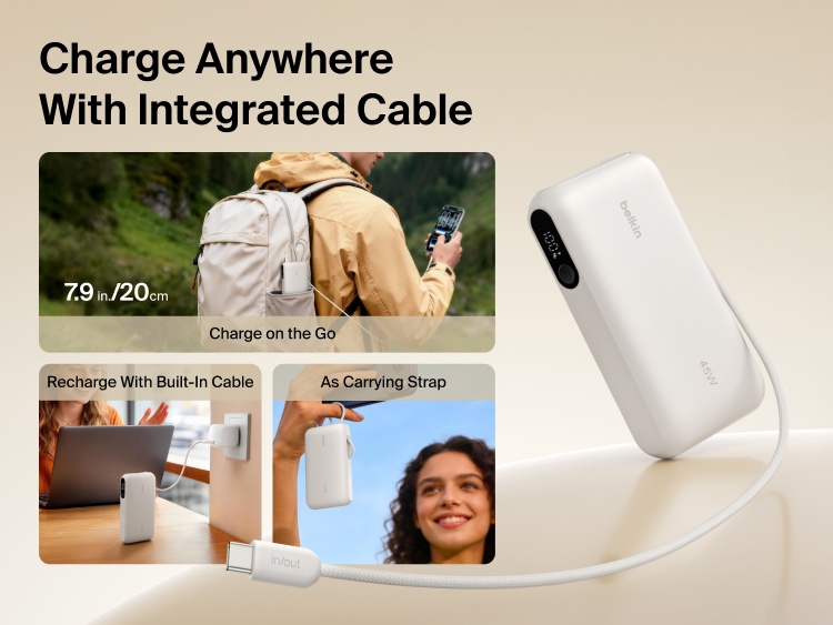 Belkin UltraCharge 10K power bank with integrated USB-C cable and digital display designed for portable charging, recharging, and convenient carry on the go