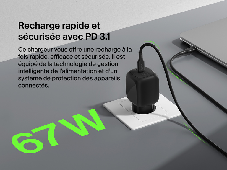 Le chargeur secteur GaN deux ports USB-C Belkin BoostCharge Pro (67 W) avec technologie PD 3.1 offre une recharge rapide, efficace et sécurisée grâce à sa fonction de gestion intelligente de l’énergie et de protection des appareils connectés.