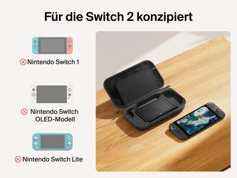 Belkin Gaming Charging Case Pro for Nintendo Switch 2 shown with custom-fit interior and compatibility notice indicating it is designed exclusively for Switch 2, not Switch, Switch OLED, or Switch Lite.