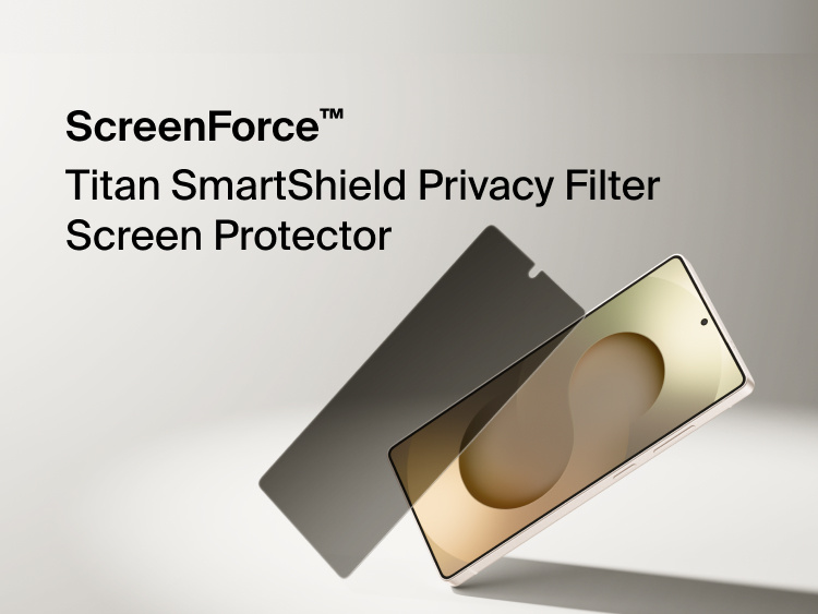 Belkin ScreenForce Titan SmartShield Privacy Filter Screen Protector for Samsung Galaxy S26 shown partially applied to a smartphone, demonstrating edge-to-edge screen coverage and privacy protection that limits side viewing angles.