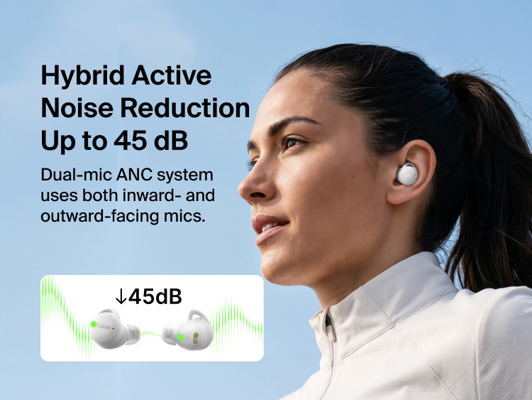 SoundForm Isolate Buds ANC worn outdoors, illustrating the hybrid active noise cancellation system with inward- and outward-facing microphones