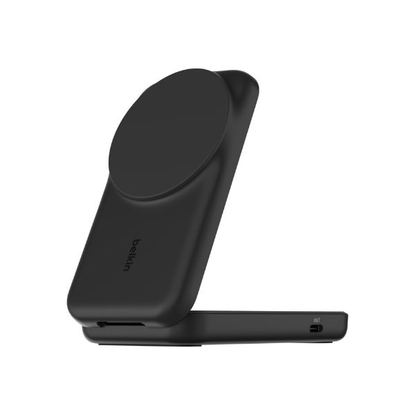 Black Belkin 3-in-1 wireless charging stand with foldable design, featuring slots for charging a smartphone, earbuds, and smartwatch.