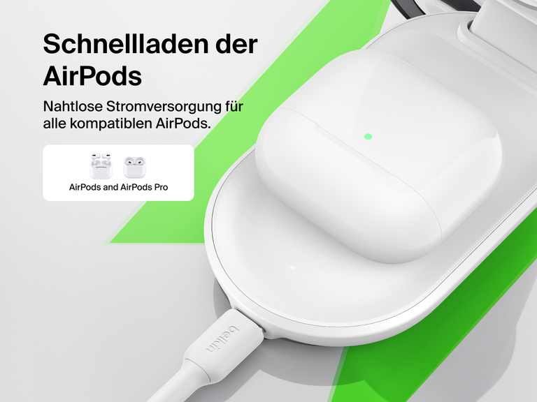 Da die Belkin UltraCharge faltbare magnetische 3-in-1-Ladestation mit Qi2 25W kompatibel mit den AirPods und AirPods Pro ist, bietet sie eine nahtlose, schnelle, kabellose Lademöglichkeit für diese Geräte.