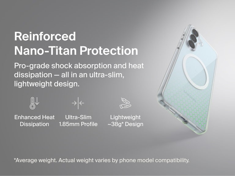 Belkin SheerForce Clear Series Case for Samsung Galaxy S26 shown in close-up, highlighting reinforced Nano-Titan protection with shock absorption, heat dissipation, ultra-slim 1.85 mm profile, and lightweight protective design.