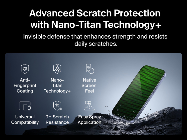 Belkin ScreenForce Titan LiquidGuard Screen Protector illustrating Nano-Titan Technology+ with anti-fingerprint coating, native screen feel, universal compatibility, and 9H scratch resistance.
