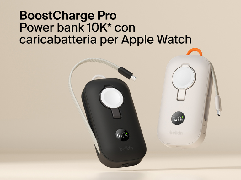 Immagine del prodotto power bank 10K con caricabatteria per Apple Watch Belkin BoostCharge Pro, in particolari i modelli colore nero e sabbia, con cavi USB-C intrecciati.