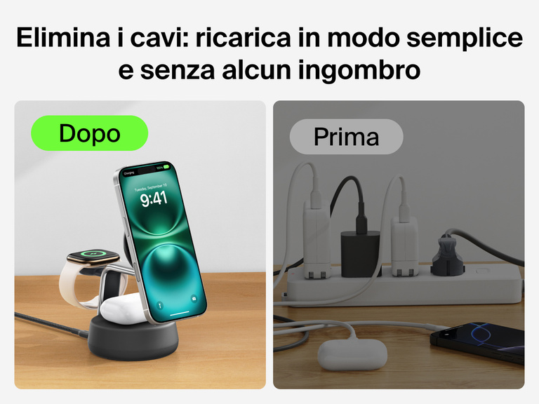 Il dock di ricarica magnetica 3 in 1 con Qi2 da 25 W Belkin UltraCharge Pro offre una ricarica pratica e senza ingombro, sostituendo molteplici cavi con un'unica soluzione wireless raffinata per iPhone, Apple Watch ed AirPods.