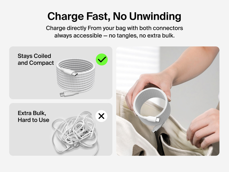 Belkin BoostCharge Pro Magnetic USB-C Cable 240W stays coiled and compact for tangle-free charging, allowing easy access and fast power without unwinding.
