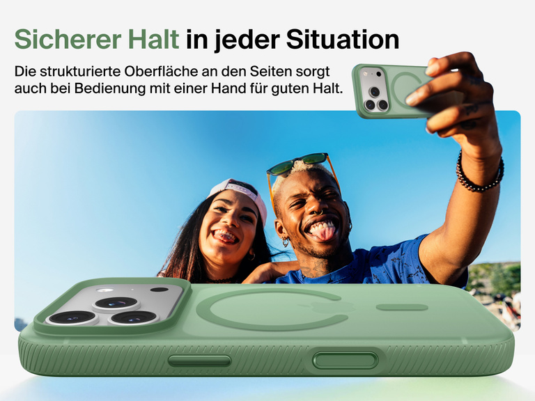 Belkin SheerForce Grip Series Case for iPhone 17 with military-grade drop protection and textured non-slip grip.