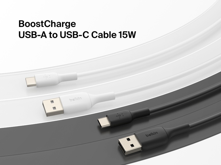 Belkin BoostCharge Pro braided USB-C to dual USB-C cable delivering up to 140W fast charging, shown powering a smartphone and laptop simultaneously.