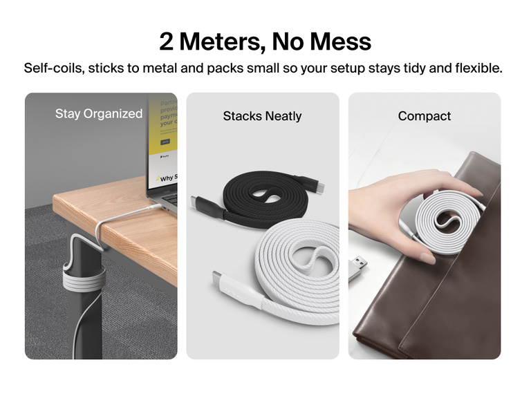 Lifestyle image showing Belkin BoostCharge Pro Magnetic USB-C Cable 240W self-coiling to stay organized, stacking neatly, and packing compactly for tidy, flexible setups at home or on the go.