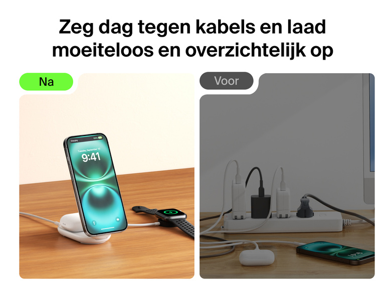 De Belkin UltraCharge 2-in-1 uitklapbare magnetische lader met Qi2 25W biedt een stijlvolle oplossing om een iPhone, AirPods en een Apple Watch draadloos op te laden zonder rommelige snoeren.